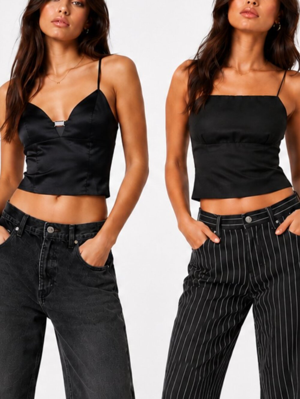 URBAN OUTFITTERS Black Cropped Satin Crepe Cami's Set of 2 - Size S